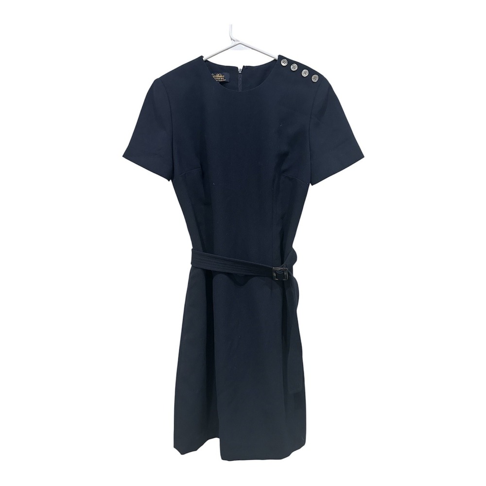 Brooks Brothers Navy Blue Short Sleeve Belted Sheath Dress Button Shoulder 6 USA